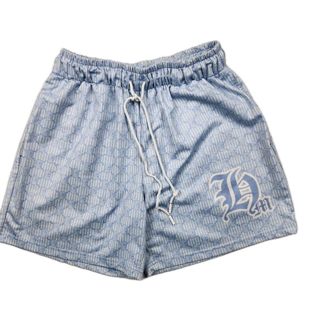 Hastamuerte Ski Mask Pattern Shorts Mens L Baby Blue Mesh Pockets Logo Stretch